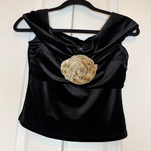 Reformation Velvet Black Top with Gold Floral Detail - Size S NWT
